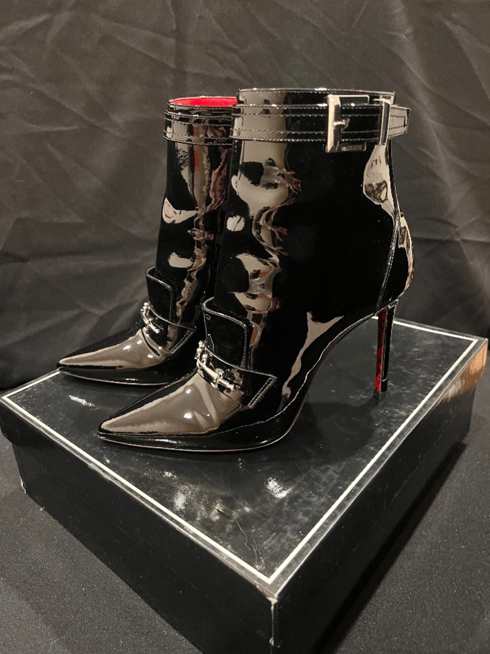 Cesare Paciotti Black Patent Leather Pointed Toe Ankle Boots Stiletto Heel US 8